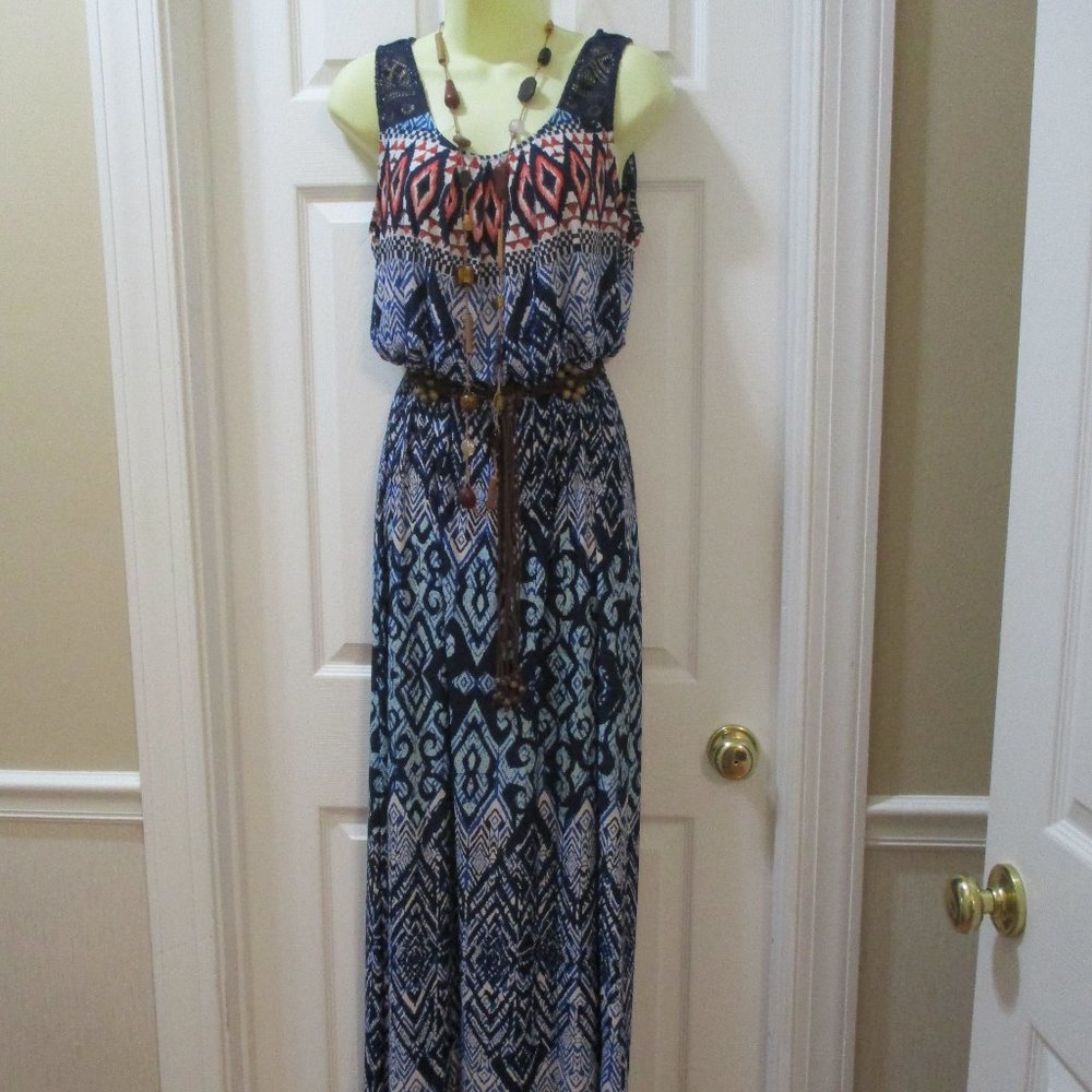 Trixxi Boho Maxi Sundress sz M Blue White Coral Red Crochet Detail